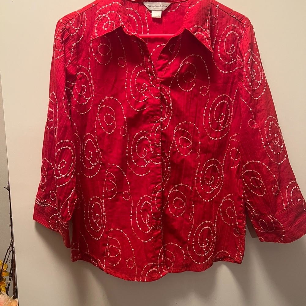 Christopher banks size L red 3/4 sleeve embroidery button down shirt Chinese red